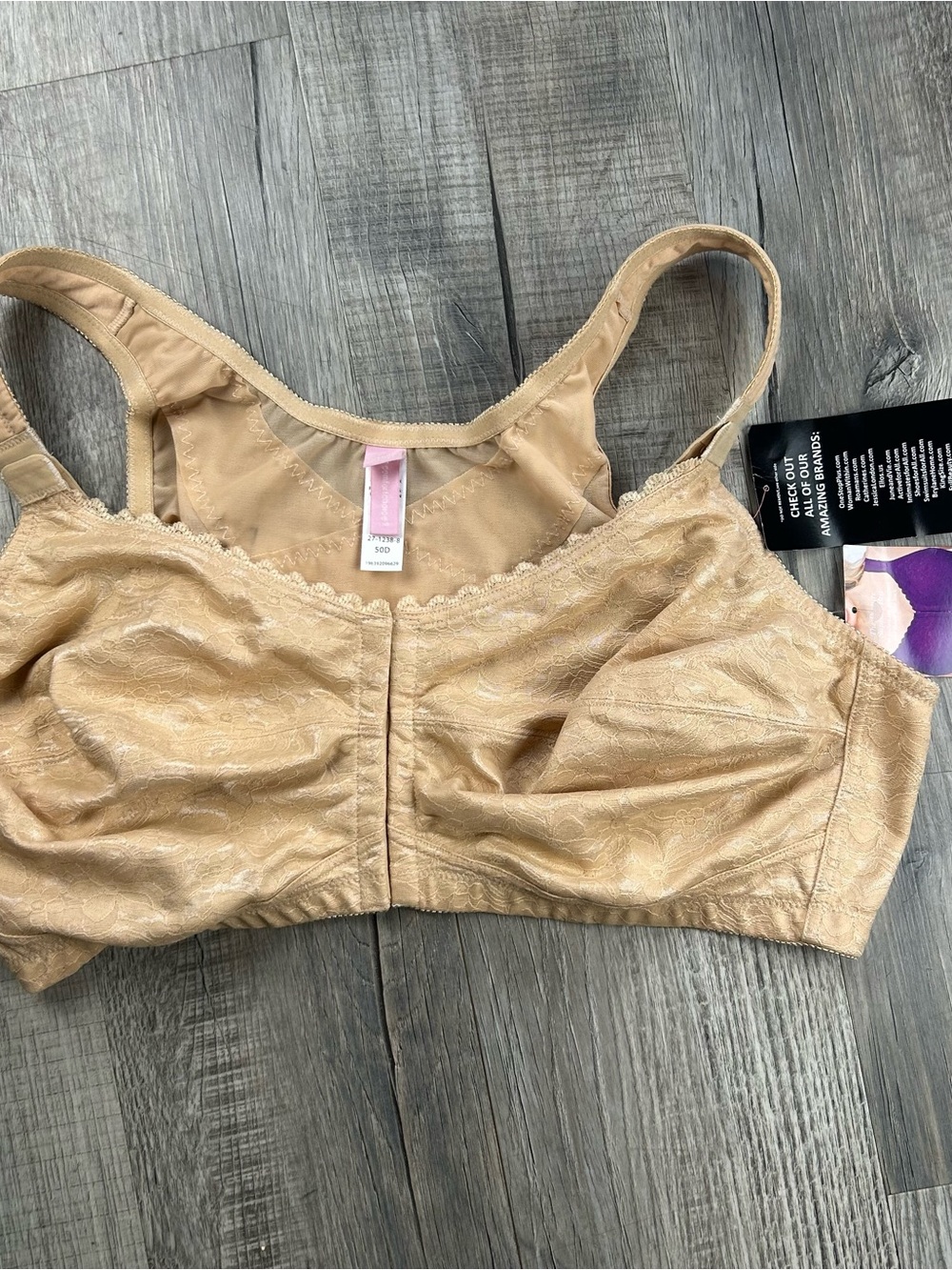 NWT Comfort Choice Posture Support Nude Lace Bra Size 50D beige Front Close